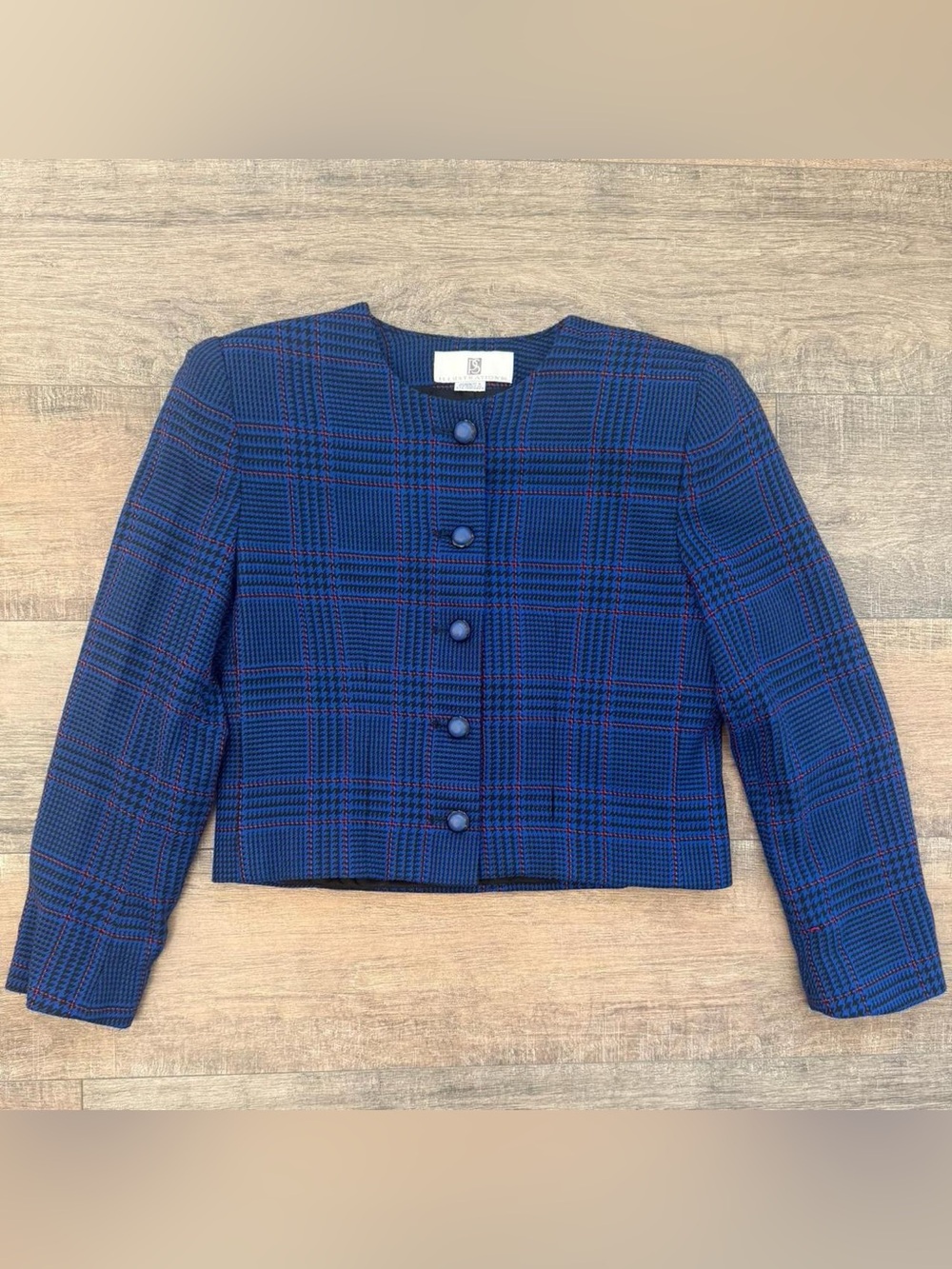 Cropped Blue Plaid Button-Front Jacket
